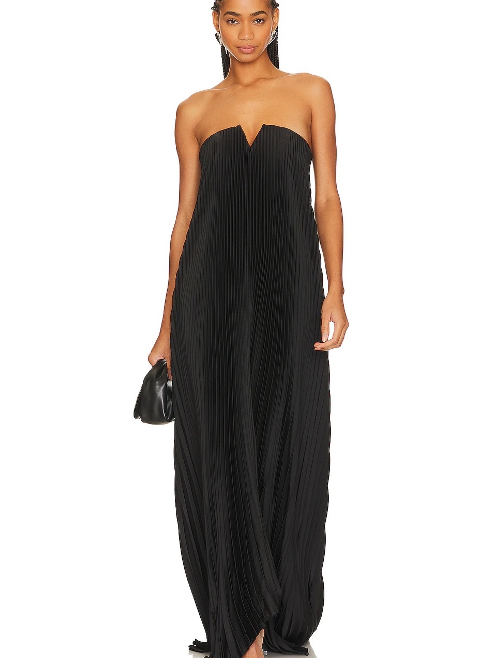 L’Idee Strapless Black Pleated Maxi Dress with V-Notch Neckline